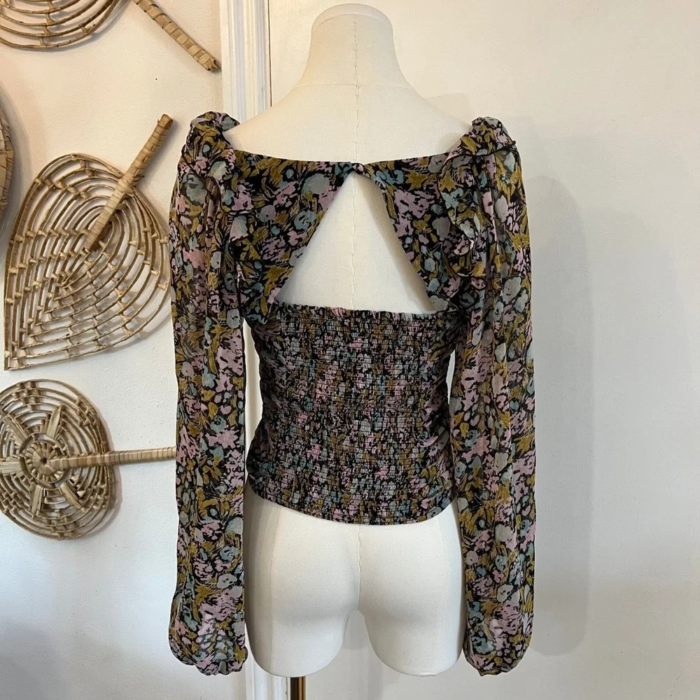 Free People Multicolor Floral Mable Ruched Smocked Blouse Boho Ballon Sleeves XS